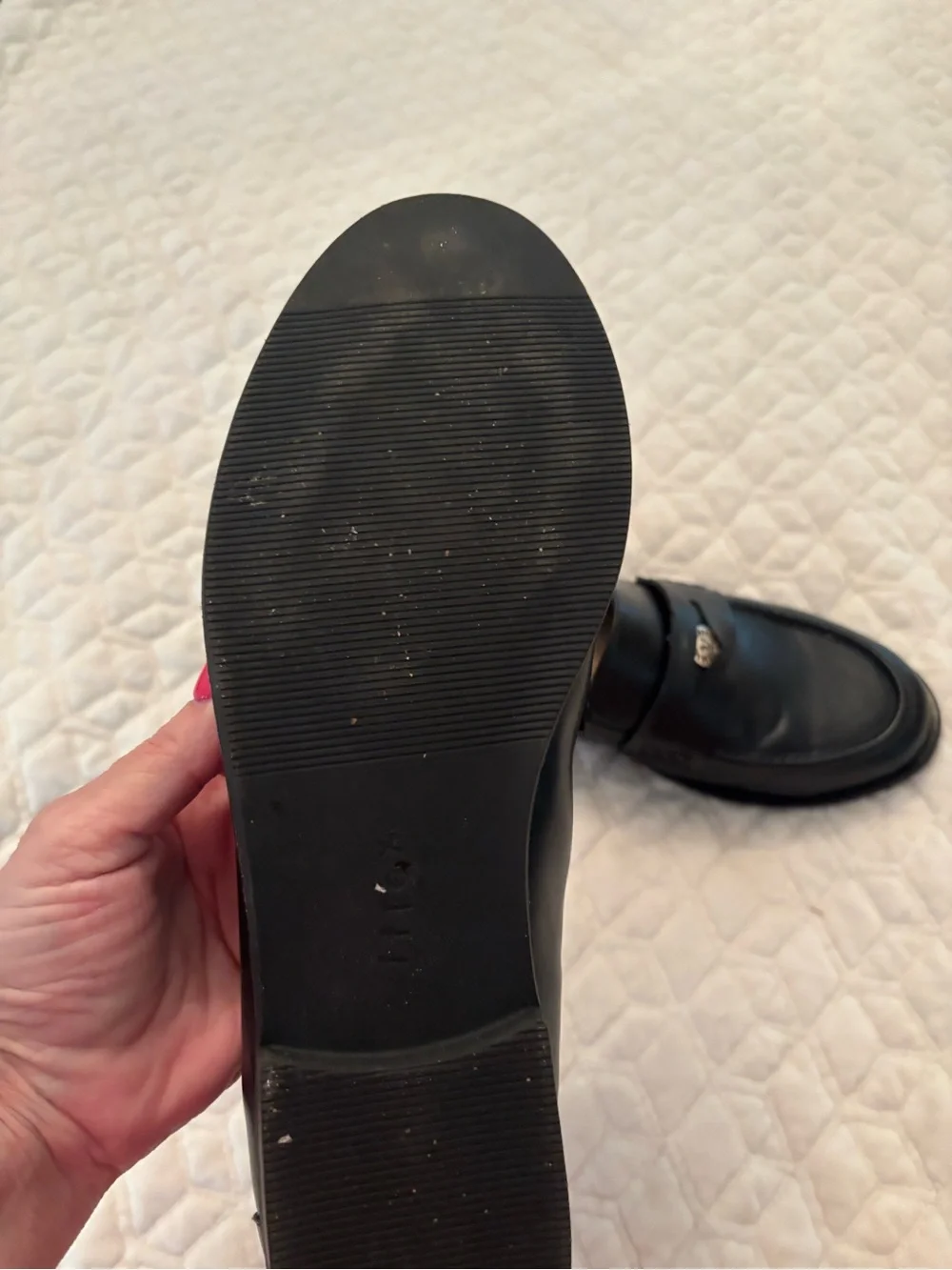 Anne Klein Black Leather Classic Penny Loafers with Silver Accent
